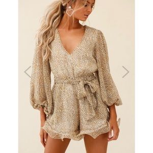 Long Sleeve Waist Tie Romper Leopard Print Mustard